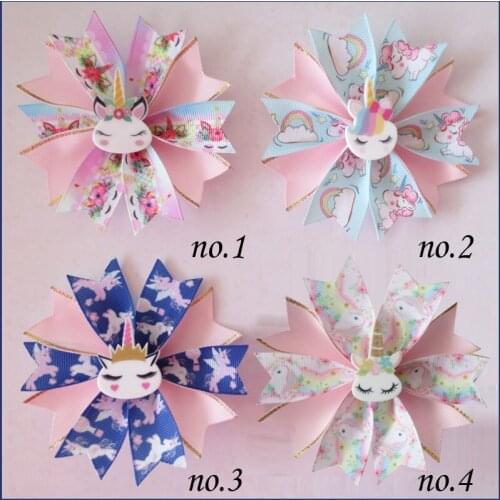 20 BLESSING Girl Popular 3.5" Fairy Hair Bow Clip Unicorn Rainbow Flower Baby