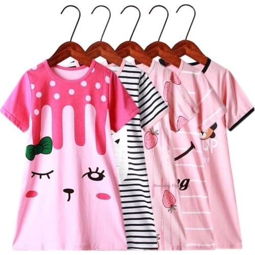 2021 Summer Girls Nightdress Clothes Summer Cartoon Nightgown Children Clothing Short Sleeved Stripe Pajamas Dress Kids Homewear