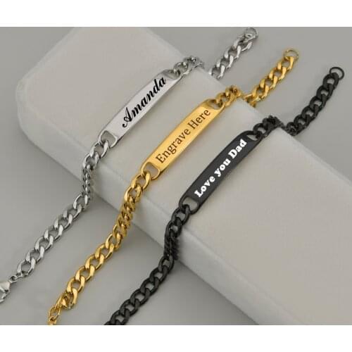 3 Colors Fashion Customized Words Bar Cuban Bracelet For Men Gold Stainless Steel Adjustable Engraving Name Bangle Party Jewelry