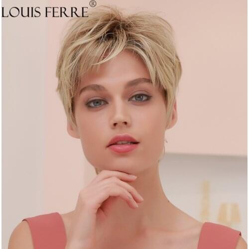 LOUIS FERRE 4 Inch Short Lace Partt Wig with Bangs for Women Ombre Brown Blonde Synthetic Lace Wig Natural Dark Root Wave Wigs