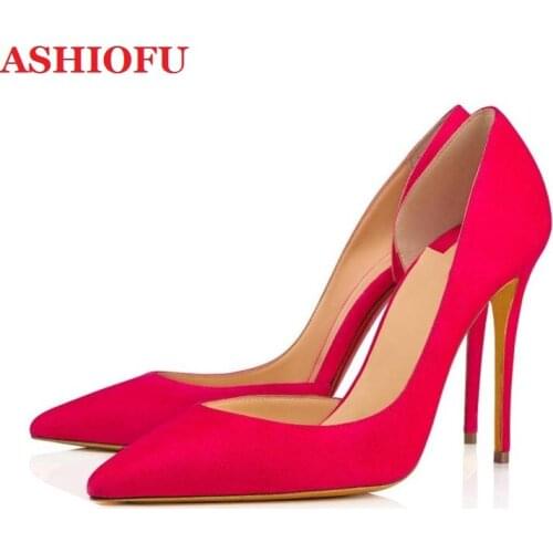 ASHIOFU Real Photos Ladies High Heels Party office Red Faux-suede Dress Shoes Slip-on Evening Club Fashion Pumps Court Shoes