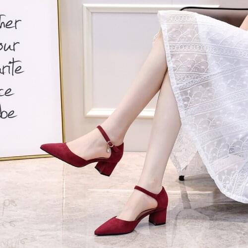 Square High Heels Women Shoes 2021 Flock Ankle Straps Slingbacks Sandals Casual Black Nude Wedding Sexy Pointed Toe Woman Pumps