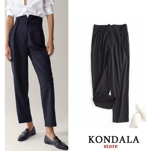 Women Pants Za Elegand Style Ankle-length Black Straght Pants Zipper Fly Cotton Button High Waist Pants Mujer