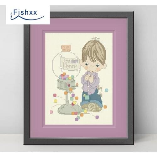 Fishxx Cross Stitch 14CT Kit European Style ChildrenS Bedroom Paintings H101 Boy With Candy Machine DIY Embroidery