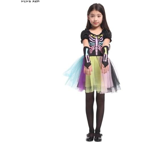 Rainbow color Girls Halloween Skeleton scary Costume Kids Children walking dead Devil Demon Cosplays Purim Carnival party dress