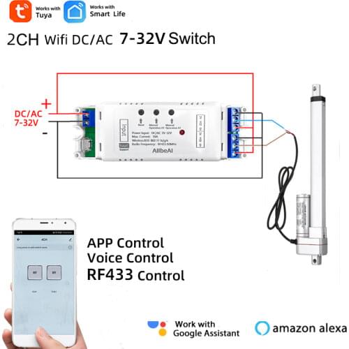 USB5V DC12V 24V 32V 2 Channel WIFI Tuya Smart Life DC Motor Controller for Electric Linear Actuator,RF433 Remote,2CH Pulse Relay