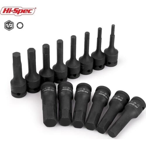 Hi-Spec 1/2 Impact Hex Bit Socket Set H5-H19 Metric Deep Socket Adapter Ratchet Socket Wrench Head Cr-Mo Steel Screwdriver Bits