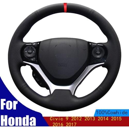 DIY Car Steering Wheel Cover Red Marker Genuine Leather Comfortable For Honda Civic 9 2012 2013 2014 2015 2016 2017