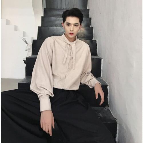 MIXCUBIC 2018 summer Korean style unique bow tie lantern sleeves Suede shirts men casual loose Suede shirts for men,M-XXL