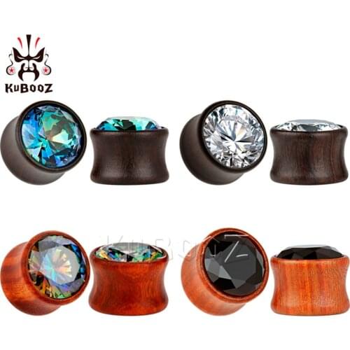 KUBOOZ 10PCS Ear Wood Plugs Tunnels Red Sandalwood Zircon Piercing Body Jewelry Fashion Earrings Black Expander For Gift Unisex