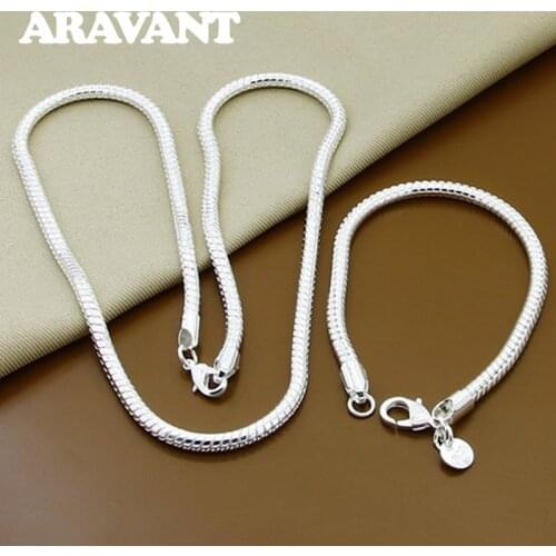 New Arrival 925 Silver 4MM Snake Chains Necklace Bracelets Set For Women Men Fashion Jewelry Set