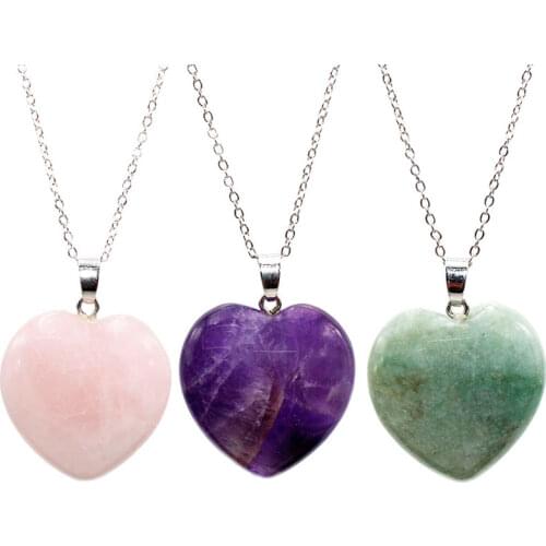 Natural Rose Quartz Crystal Healing Stone Necklace Love Heart Shaped Chakra Reiki Necklace for Women 3cm