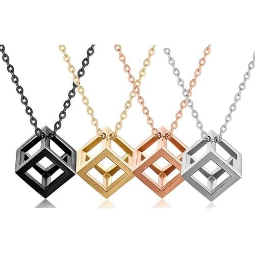 Punk Hollow Cube Pendant Necklaces for Men Women Unisex Stainless Steel Square Charm Jewelry Necklace Geometric Collier Fashion