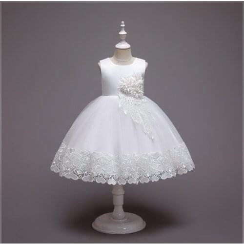 2021 Girls Flower Applique Dress 2 3 4 5 6 7 8 9 10 Years Princess Dress Solid Fluffy Mesh Embroidery Wedding Flower Girls Dress