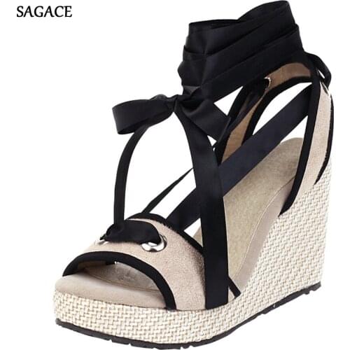 SAGACE Women Bohemian Canvas Lace-Up Sandals Thick-Soled Ethnic Style Wedge Shoes Summer Shoes 2020 Beach Vintage Sandalias