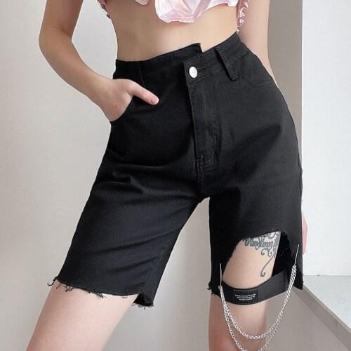 High Waist Leg Loop Slim Cyclist Denim Chain Shorts Jeans Summer Straight Casual Fashion Women Denim Shorts Zipper 2021