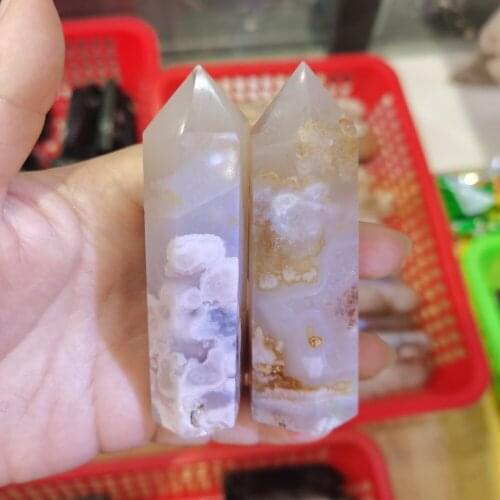 High quality Natural Cherry Blossom Agate Hexagonal column Quartz Crystal wand point Stones Mineral Ornament Healing Home Decor