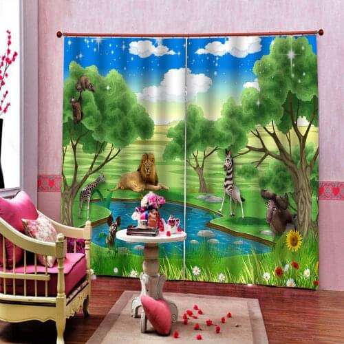 3D Curtain Custom Cartoon Zoo horse Lion Window Curtains 3D Childrens room landscape Blackout curtains