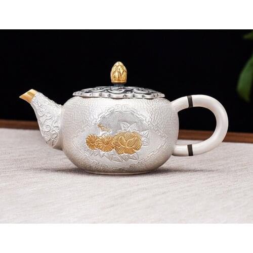Ag999 Sterling Silver Teapot Hand-Carving Chrysanthemum Kitchen Utensils Built-in Filter Handmade Coffee Tea Pot