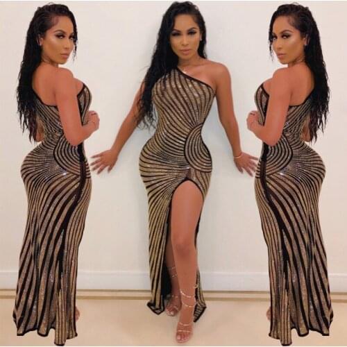 Womens sexy mesh hot drill one shoulder split Perspective, irregular, diamond, back, metallic, mesh evening Skirt