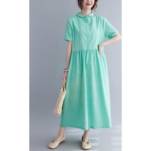 2021 Summer Slim Waist Elegent Cotton Short Sleeve Turn-down Collar Female Dress Solid Color Dress Women Casual Dress