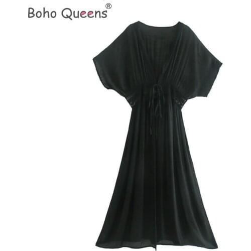 Boho Queens white lace patch beach Bohemian maxi dresses Ladies deep V neck high elestic waist happie dress vestidos