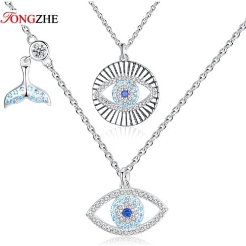 TONGZHE Fishtail Lucky Evil Eye CZ 925 Sterling Silver Necklace Women Blue Crystal Pendant Turkey Jewelry Wholesale Lots Bulk