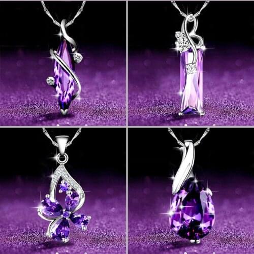 Cute Female Purple Crystal Pendant Necklace Charm Silver Color Chain Necklaces For Women Boho Bridal Geometric Wedding Necklace