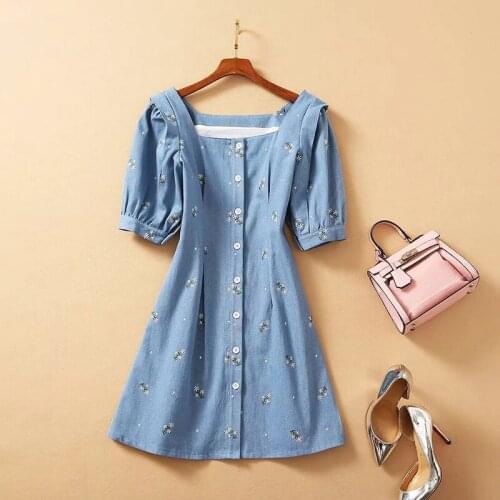 2021 Spring Summer Dress Knee Length Short Sleeve Empire Square Neck Flora Print Fashion Dress Embroidery Blue