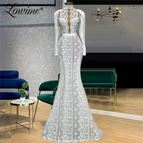 Lowime Elegant Ivory Lace Evening Dresses Long Sleeves Formal Mermaid Party Gowns 2021 Customized Plus Size Celebrity Dresses