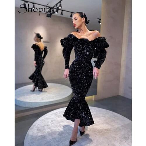 Long Sexy Mermaid Evening Dresses 2020 Off The Shoulder Long Sleeve Sparkly Black Sequin Dubai Women Formal Party Gowns