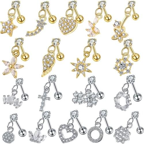 1PC Dangle Ear Tragus Cartilage Piercing Gold Heart Hexagon Crystal Tragus Ear Piercing Plug Daith Earring Helix Cartilage Studs