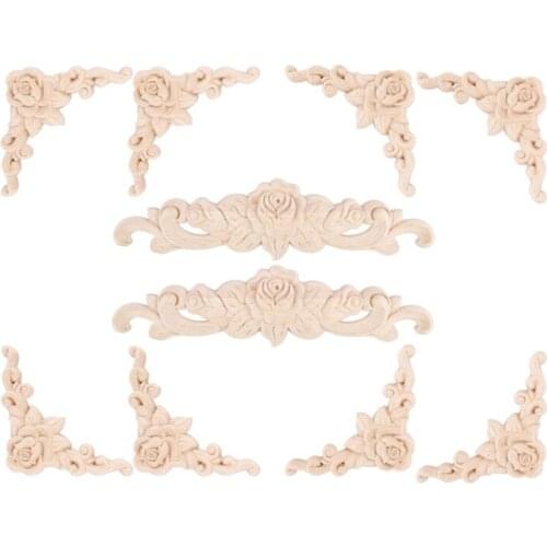 10 Pcs Wood Carved Wall Decor Floral Wood Carved Applique Corner Decorative for Furniture Door Cabinet Bed Decorations