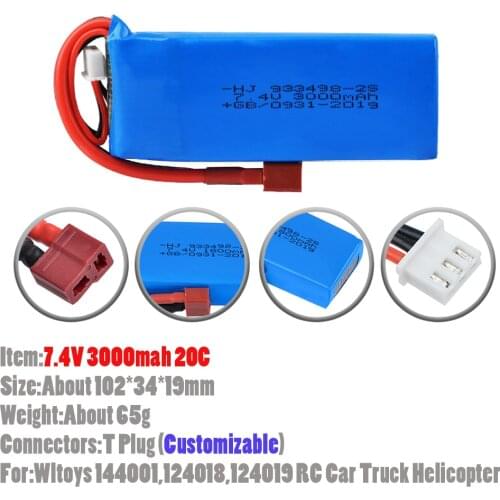 2Pcs/lot 7.4V 3000mah 20C Lipo Battery With T Plug Connectors (Customizable) For Wltoys 144001 124018 124019 RC Car Toys