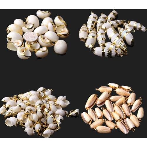 4Pcs White Seashell Conch Charms Top Hole Golden Plated Loose Shell Spiral Beads Cowrie Pendant for Jewelry Making Crafts DIY