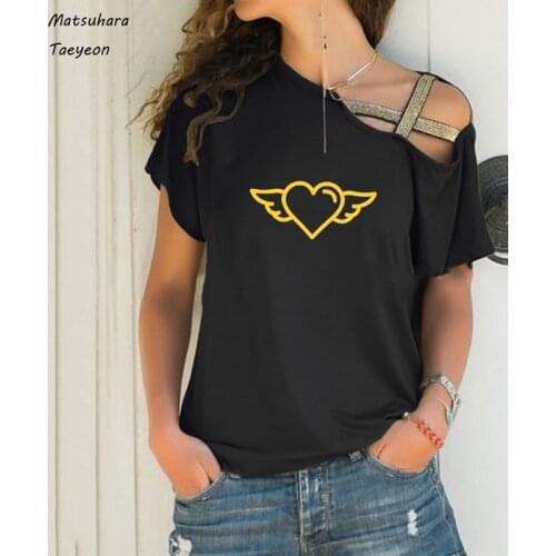 Big Size S-5 Xl Tshirt Summer Casual Cute Wing of Love Fashion Print Woman Tshirts Sexy Irregular Skew Cross Bandag T-shirt