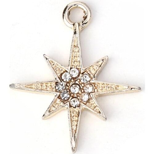 Doreen Box Zinc Alloy Galaxy Charms Pendant Star Gold Color Clear Rhinestone For DIY Jewelry Making Findings 25mmx 21mm, 10 PCs