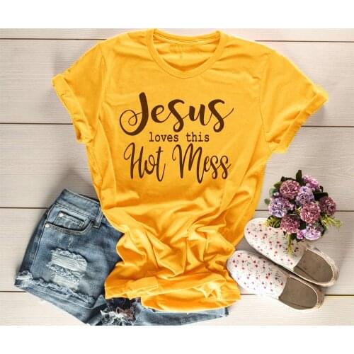 Jesus loves this Hot Mess Shirt Christian Religous slogan funny slogan 90s young style female t-shirt vintage yellow tees top