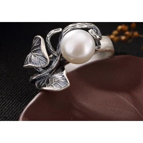 S990 pure silver leaf Pearl Korean style retro personality all match sterling silver Open womens ring