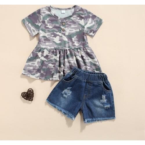 FOCUSNORM 2Pcs Toddler Summer Girls Outfit Camouflage Printed Short-Sleeved Blouse + Frayed Shorts Outfits 1-6 Years