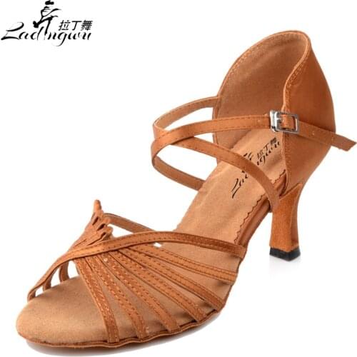 Ladingwu Hot Selling Apricot/brown Salsa Dance Shoes Women Satin Latin Ballroom Party Soft Bottom Dance Shoes Heel 6/7.5/8.5/10