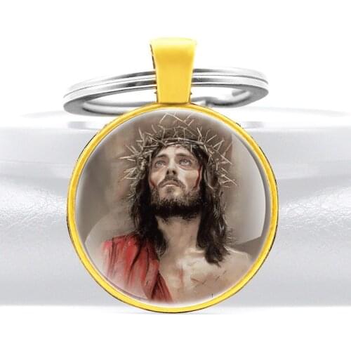 Gold Color Jesus Crown Of Thorns Glass Cabochon Metal Pendant Key Chain Charm Men Women Key Ring Jewelry Gifts Child Keychains