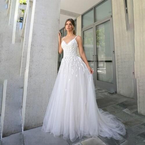 Spaghetti Straps A-line Grey Tulle Wedding Dress with Court Train Customized Made Bridal Dress vestido de festa de casamento