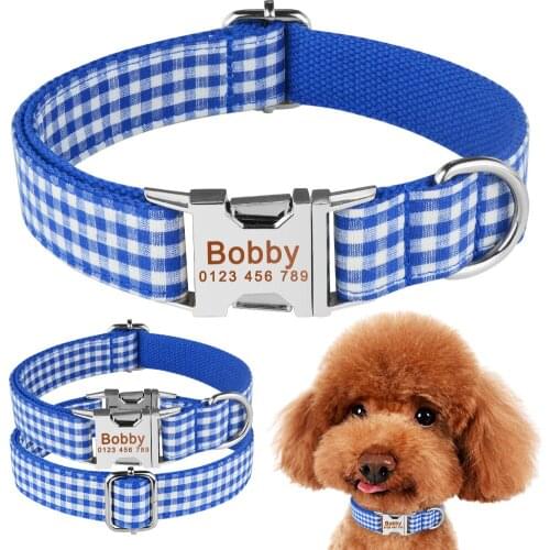 Nylon Plaid Boy Girl Unisex Dogs Collar Products Dog Collars Small Large Personalized Dog Collar Custom Engraved Name ID Tag