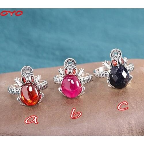 Real s925 silver jewelry Thai silver antique old hand ornaments coin pomegranate red toad ring opening