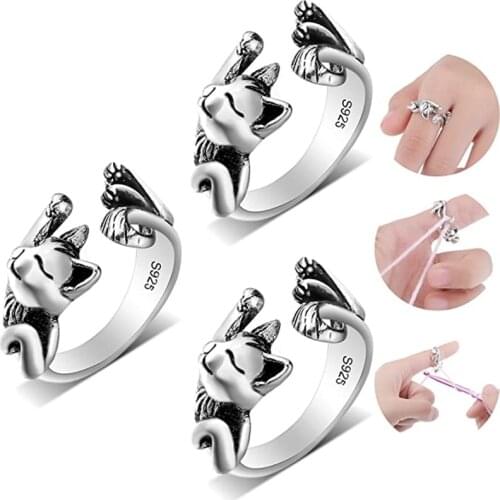 Adjustable Cat-Shaped Knitting Loop Rings Cat Snake Hand Ring Woven Frog Rings Cat Shape Women Opening Crochet Guide