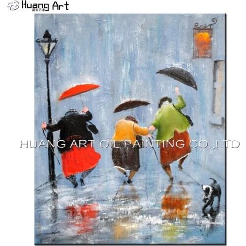 Handmade Modern Figure Oil Painting On Canvas for Home Decor Happy Fat Women Jump at Street under Rain Day Landscape Painting