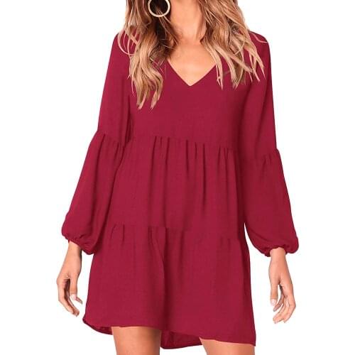 Spring Summer Cute Flare Mini Dress Fashion Elegant Solid Black V Neck Ruffle Swing Simple Vintage Lantern Sleeve Short Dress