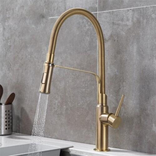 Kitchen Faucets Brushed Gold Faucets for Kitchen Sink Single Lever Pull Out Spring Spout Mixers Tap Hot Cold Water Crane