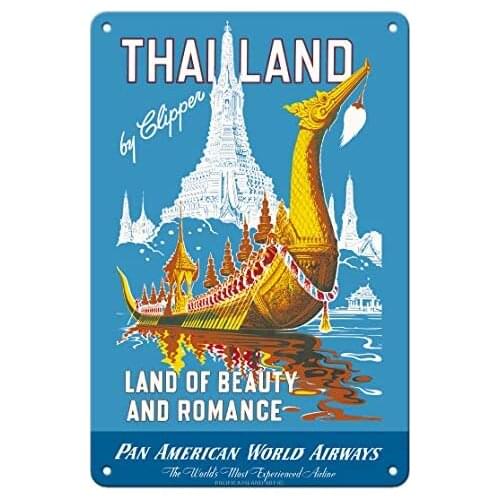 Thailand by Clipper - Pan American World Airways - Land of Beauty and Romance - Royal Barge - Airline c.1950s Metal Tin Sign